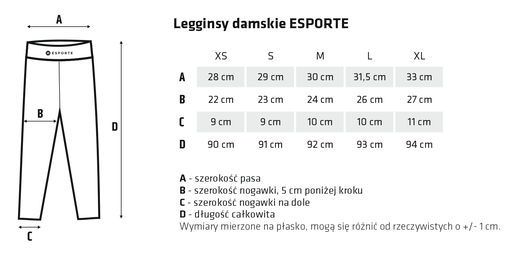 Tabela rozmiarów legginsów damskiech - ESPORTE